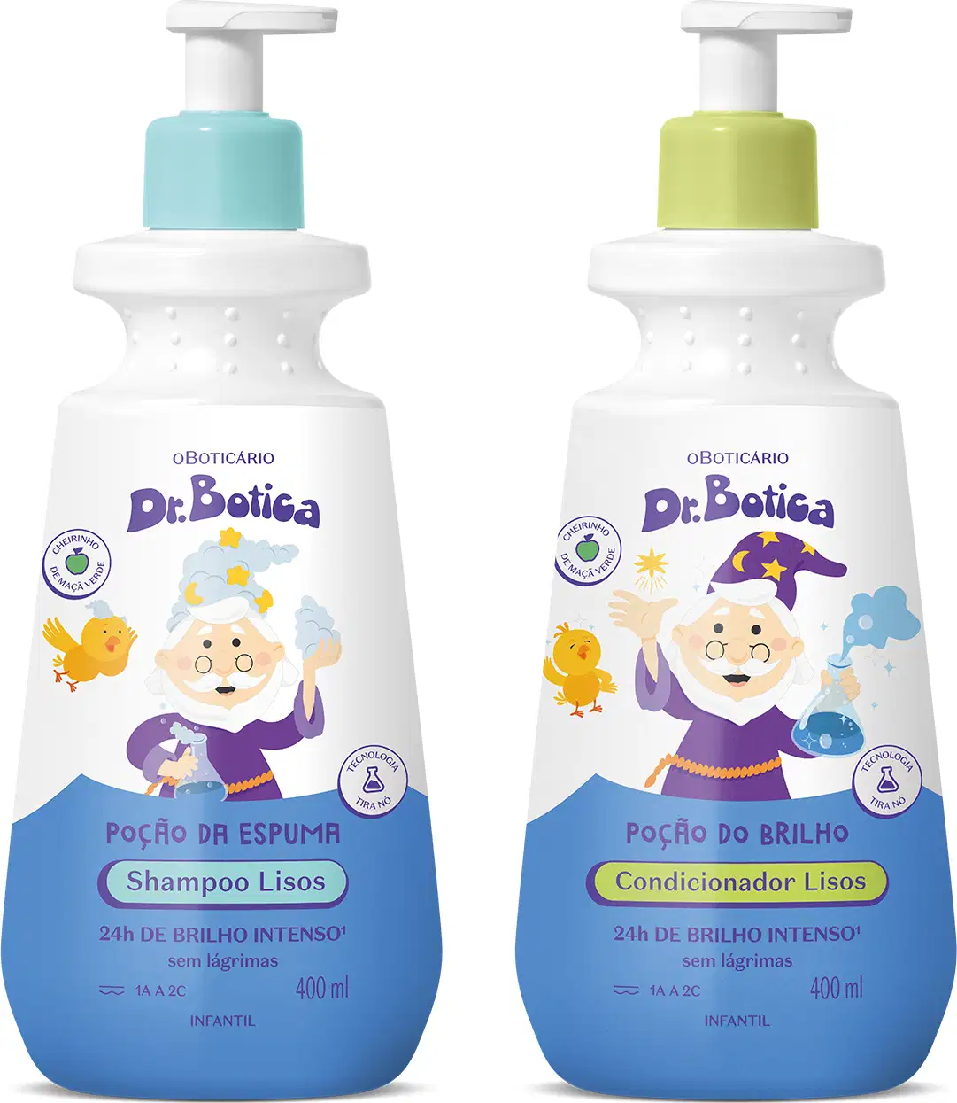 Imagem de dois produtos infantis para cabelos lisos da marca Dr. Botica, sendo um com tampa dosadora azul contendo shampoo e o outro de tampa amarela contendo condicionador. Os dois itens possuem rótulo com personagem ilustrando.