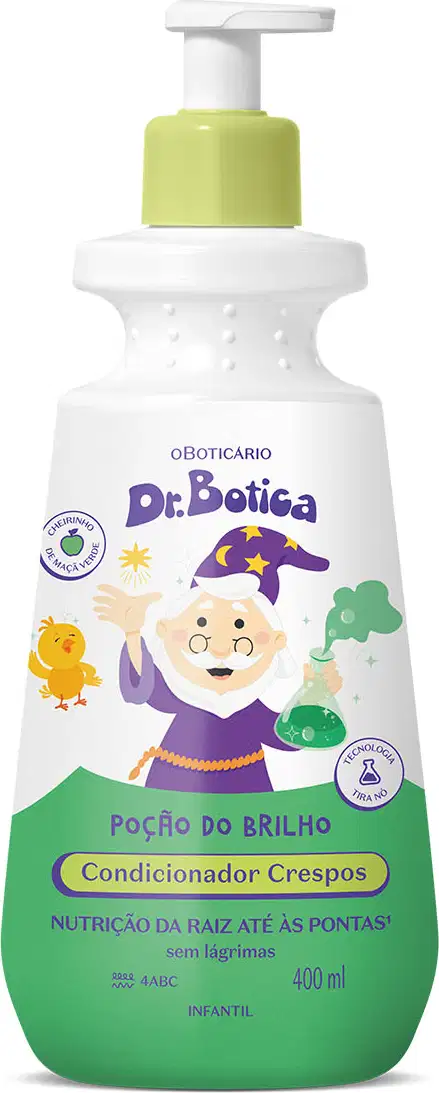 Imagem de um frasco branco com tampa dosadora amarela e rótulo verde com ilustração de um passarinho e de um senhor de barba branca e roupa azul, contendo 200ml de condicionador infantil para cabelos crespos da marca Dr. Botica.