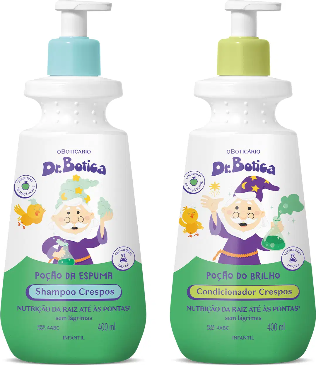 Imagens de dois produtos Dr. Botica Cabelos Crespos, sendo um frasco branco e verde com tampa azul de shampoo infantil e frasco branco e verde com tampa amarela de condicionador infantil.