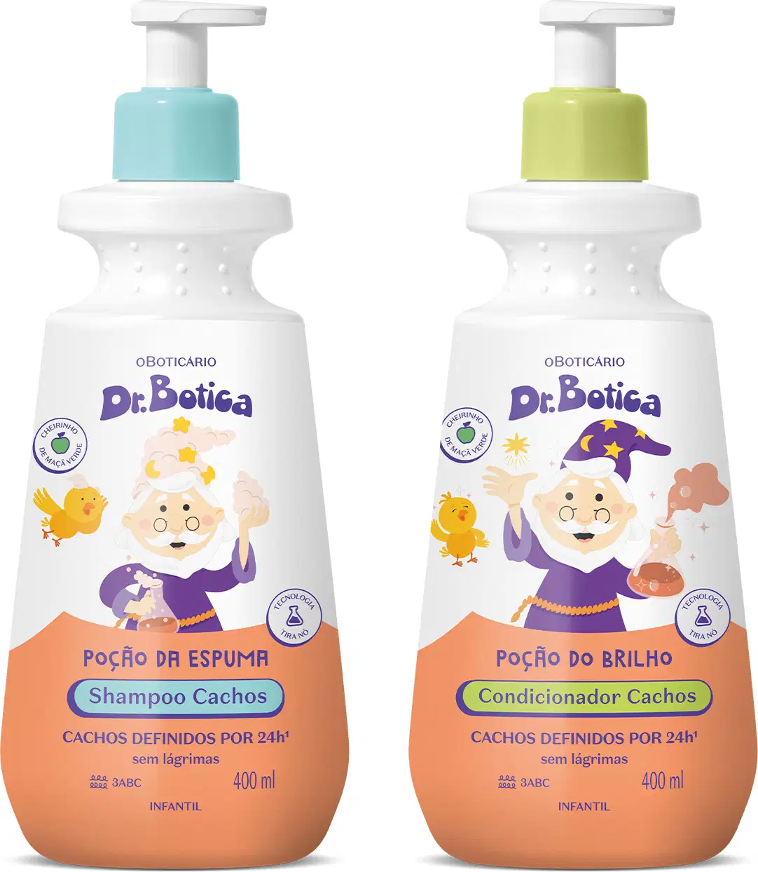 Imagem de dois produtos Dr. Botica, sendo um frasco branco e laranja com tampa azul de shampoo infantil para cabelos cacheados e um frasco branco e laranja com tampa amarela de condicionador infantil para cabelos cacheados.   