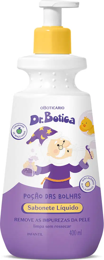Imagem de um frasco branco com tampa dosadora laranja e rótulo roxo com ilustração de um passarinho e de um senhor de barba branca e roupa azul, contendo 400ml de sabonete líquido infantil da marca Dr. Botica.