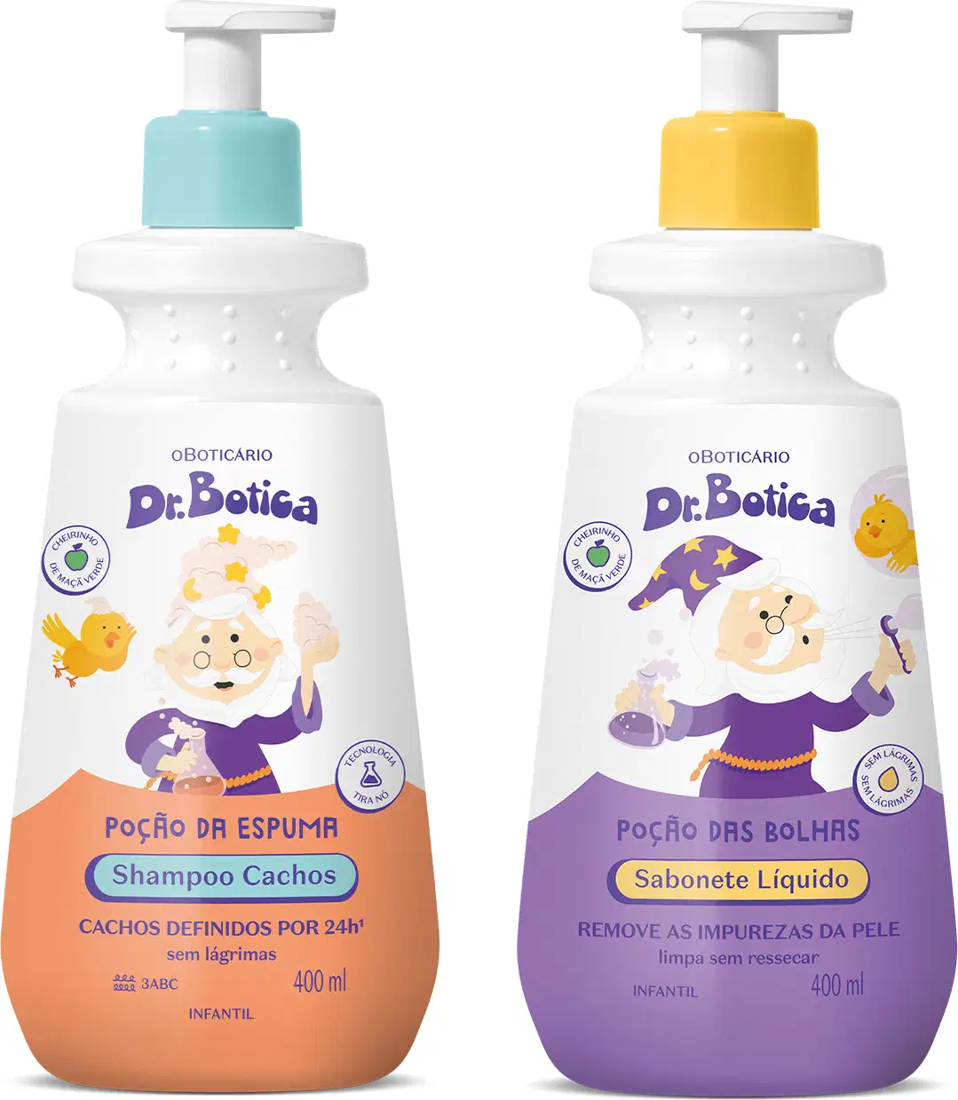 Imagem do Combo Dr. Botica contendo um shampoo infantil Cacheados 3 ABC com frasco branco e laranja e tampa azul e sabonete líquido infantil em frasco branco e roxo com tampa laranja.
