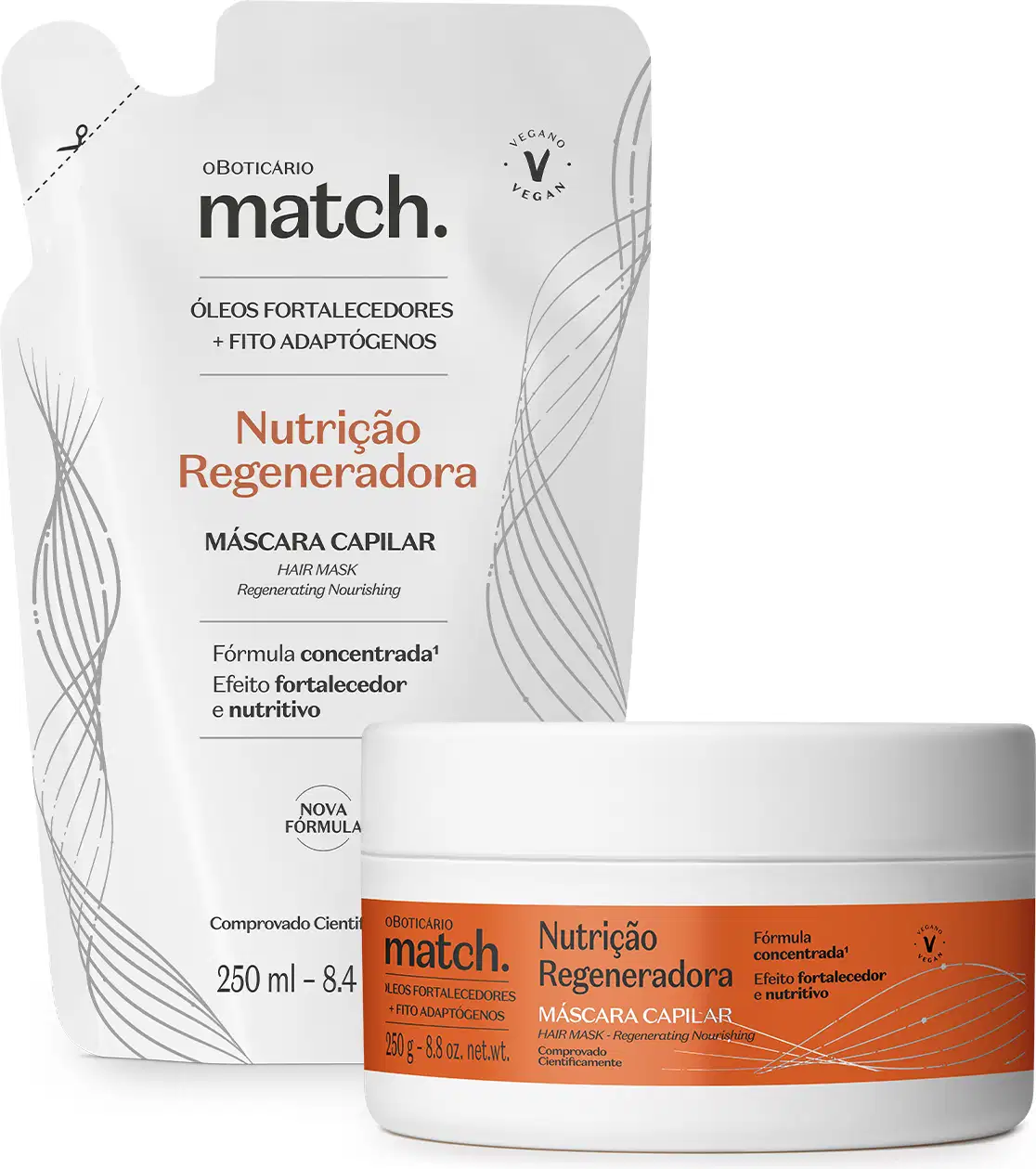 Imagem do Combo Match. Nutrição Regeneradora:  pote branco com rótulo laranja e texto em letras pretas de máscara capilar e refil do mesmo produto em embalagem sachê branco com letras pretas e laranja.