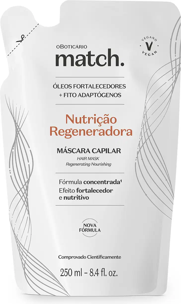 Imagem de refil de máscara capilar da marca Match. Nutrição Regeneradora, em embalagem sachê de 250ml, na cor branca com letras pretas e laranja.