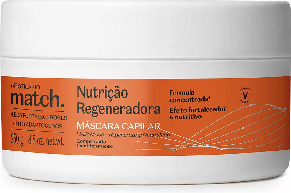 Imagem de um pote branco, rótulo laranja com letras pretas e brancas, contendo 250ml de máscara capilar da marca Match. Nutrição Regeneradora.