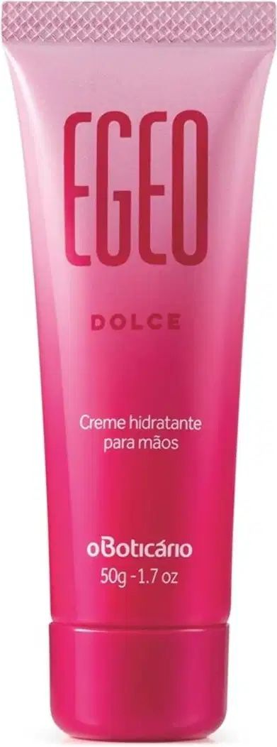 Imagem de uma bisnaga em degradê de rosa para vermelho, tampa vermelha e rótulo com letras vermelhas e brancas de creme para as mãos Egeo Dolce com 50g.