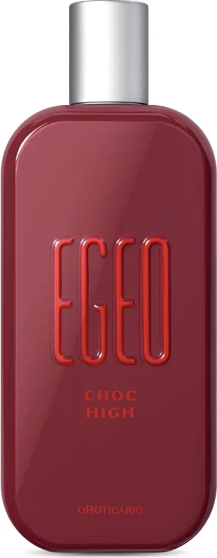 Imagem de um vidro vermelho com cantos arredondados, tampa prateada e rótulo em relevo de desodorante colônia Egeo Choc High, contendo 90ml de produto.