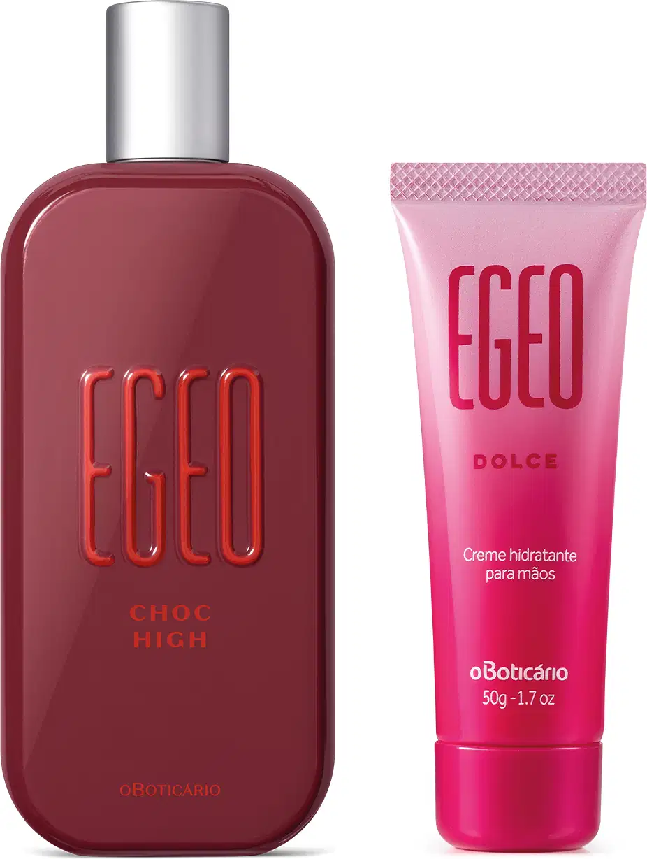 Imagem do Combo Egeo sendo um desodorante colônia Choc High em vidro vermelho e tampa prateada e creme para as mãos da linha Dolce em bisnaga em tons de rosa e vermelho.