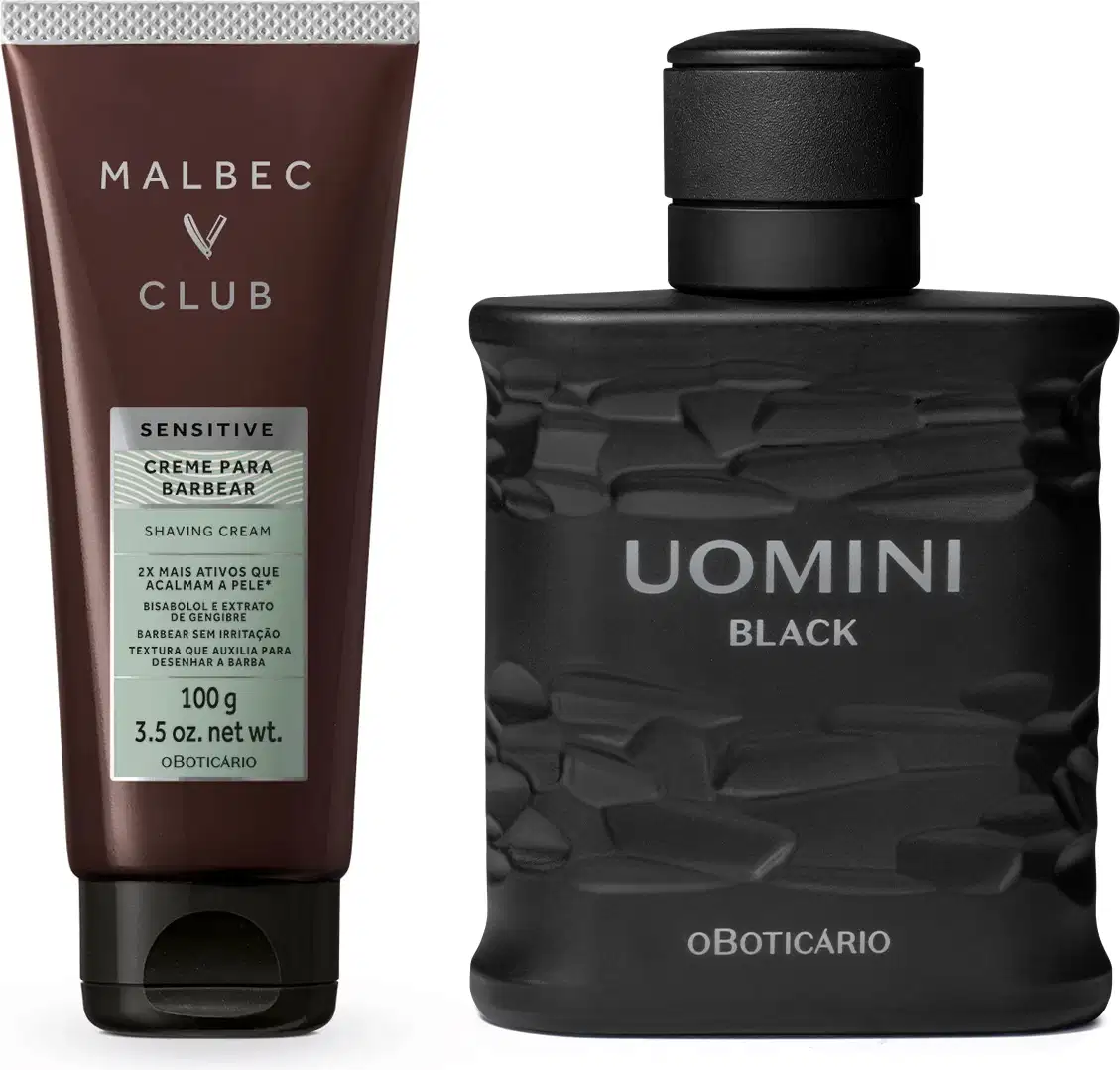 Imagem do desodorante colônia Uomini Black em frasco preto com letras cinzas e creme para Barbear Malbec Club Sensitive em bisnaga na cor vinho, detalhes prata e letras bege e preto.