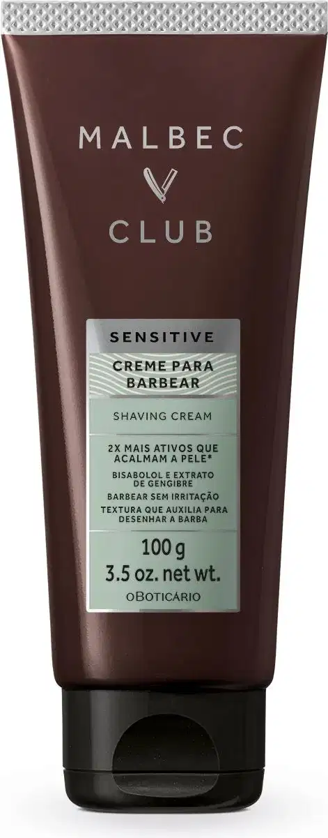 Imagem de uma bisnaga na cor vinho com título em letras bege e rótulo prata com letras pretas contendo 100g de creme para barbear da marca Malbec Club Sensitive. 