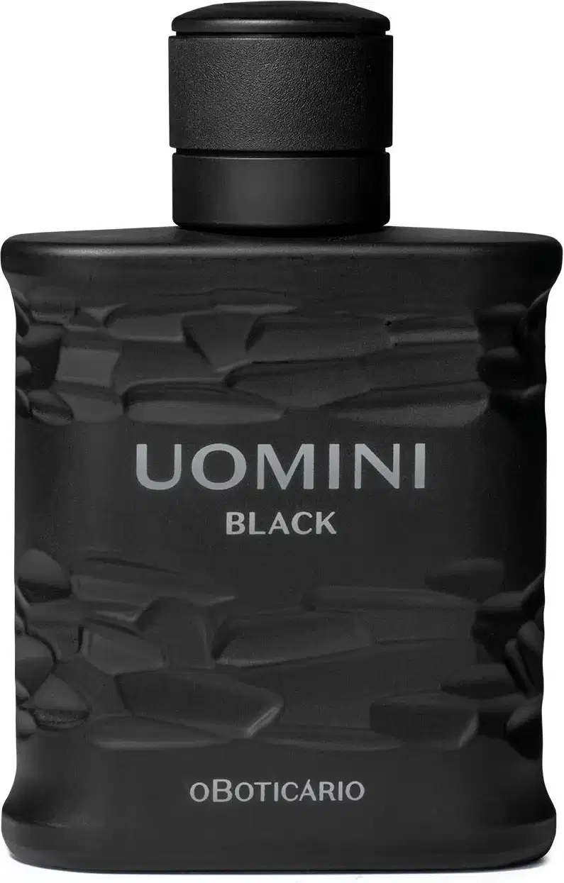 Imagem de um vidro preto com texturas, tampa também preta e letras cinza de desodorante colônia Uomini Black contendo 100ml da fragrância.