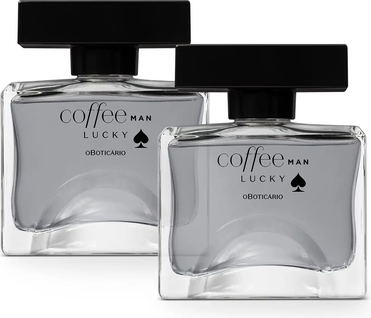 Imagem de dois vidros quadrados e transparentes com líquido cinza, tampas e letras na cor preta. Cada recipiente contém 100ml de desodorante colônia Coffee Man Lucky.