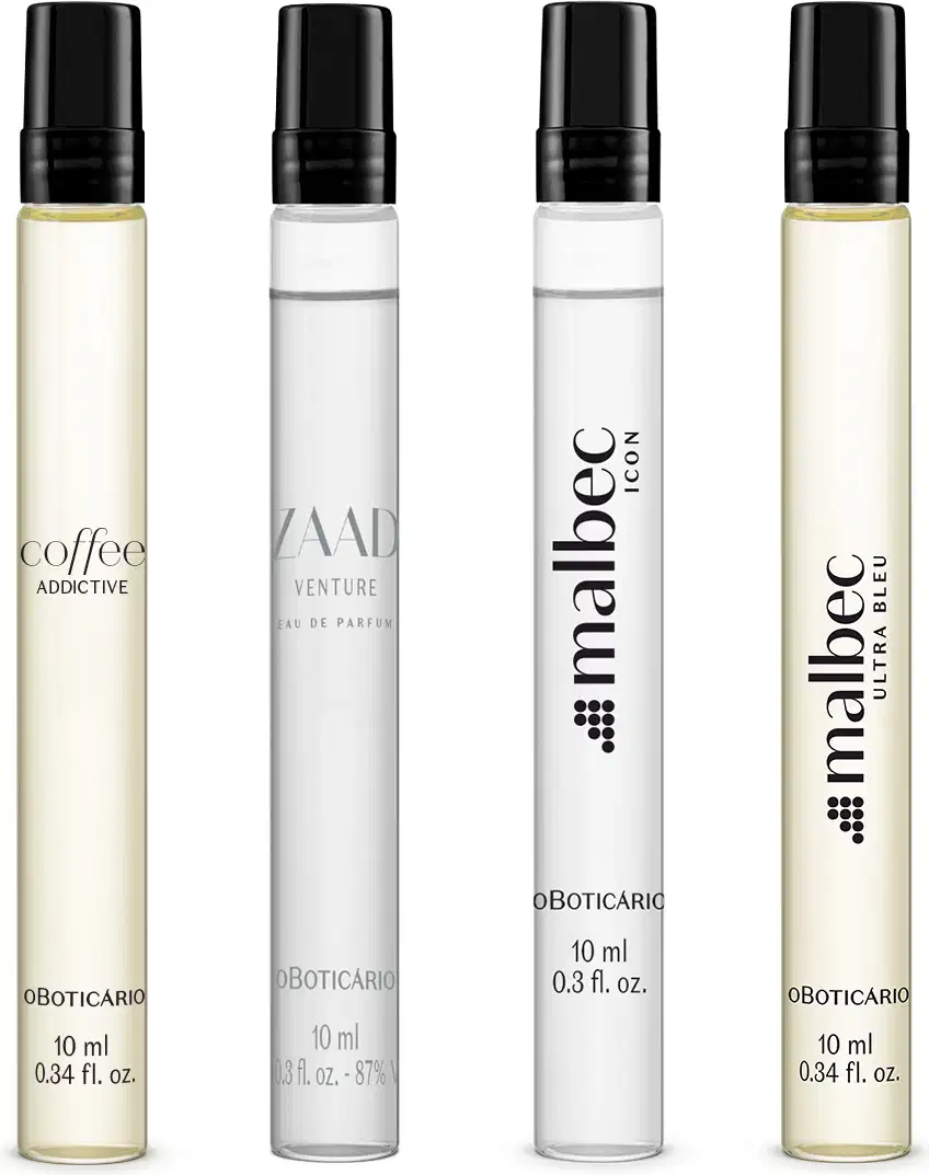 Quatro frascos de perfumaria masculina transparentes com tampa preta de 10 ml cada, sendo um Malbec Ultra Bleu Desodorante Colônia, um Coffee Addictive Man Desodorante Colônia, um Zaad Venture Eau de Parfum e um Malbec Icon Desodorante Colônia.

