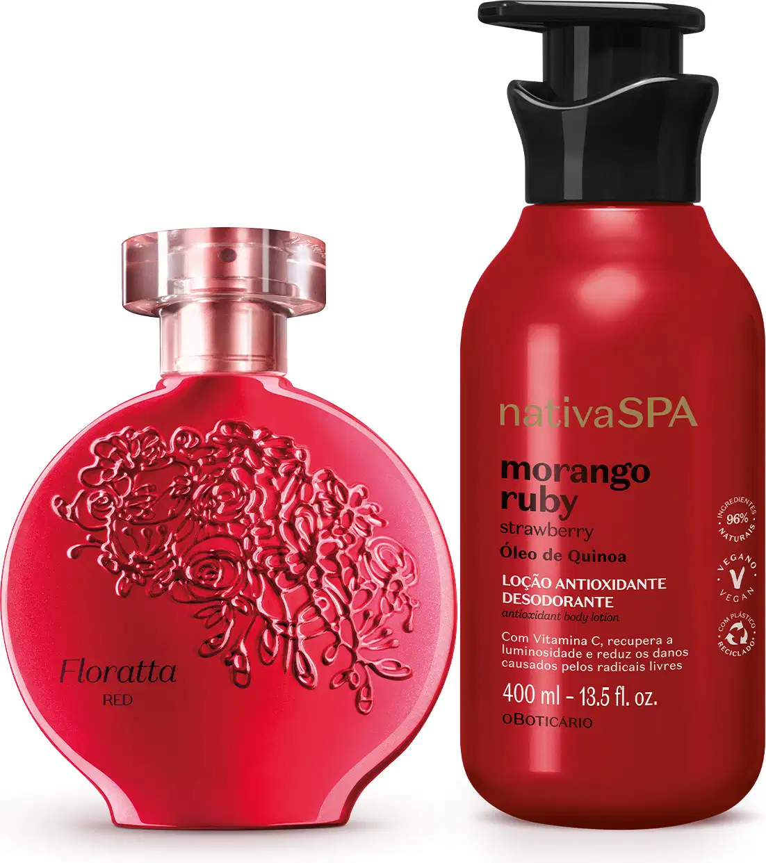 Imagem de dois produtos O Boticário, sendo um vidro vermelho com floral em relevo e borrifador dourado de desodorante colônia Floratta Red e um frasco vermelho com tampa preta e letras pretas e brancas de loção hidratante corporal Nativa SPA Morango Ruby.