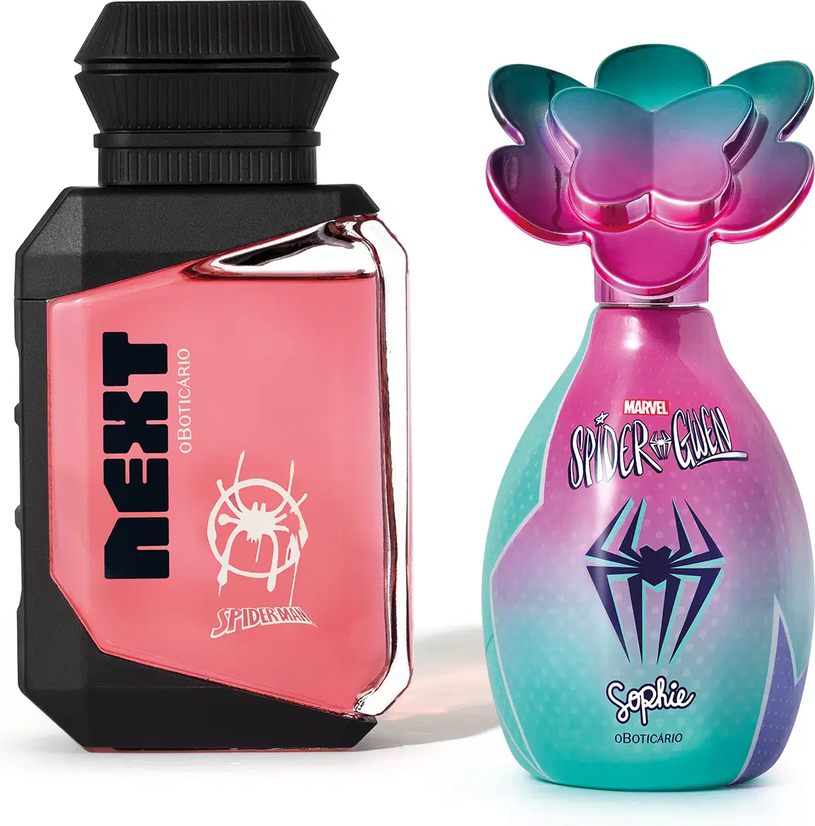 Kit da marca Marvel Spider-Man e Spider-gwen, incluindo frasco de colônia infantil nas cores rosa e preto da linha Next e frasco de colônia infantil nas cores rosa e azul com tampa em formato de flor da linha Sophie.
