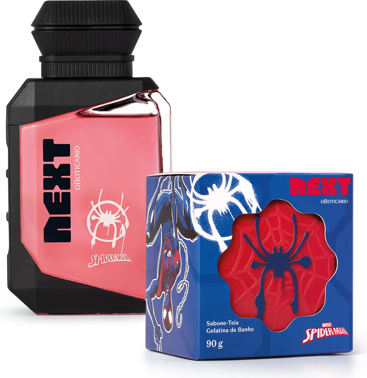 Kit da marca Next Marvel Spider-Man, incluindo frasco de colônia infantil nas cores rosa e preto e uma caixa azul de sabonete-teia com texturas de teia de aranha  na cor vermelha e um relevo de aranha na cor azul. 