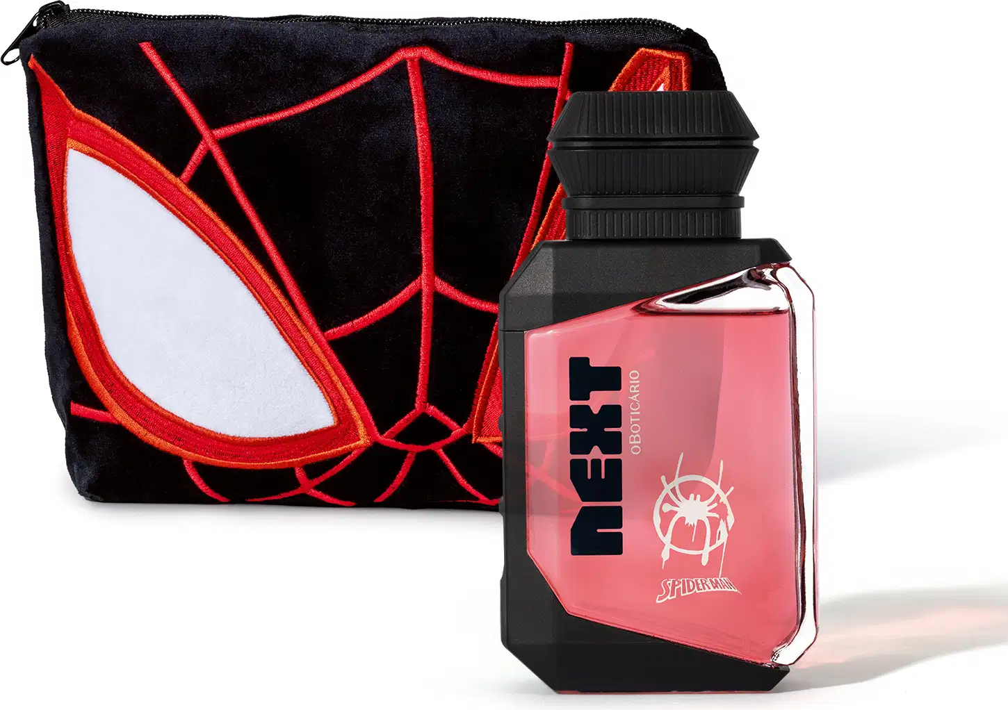 Kit da marca Marvel Spider-Man, incluindo frasco de colônia infantil nas cores rosa e preto da linha Next e Bolsa de cosméticos preta com detalhes em vermelho e branco, simulando uma máscara do Homem Aranha.