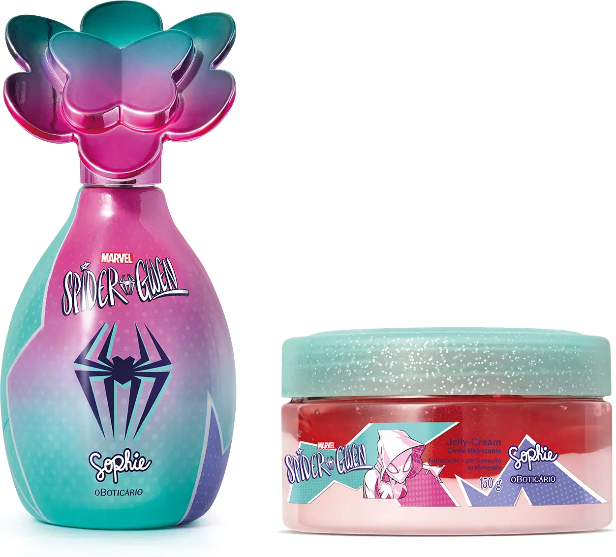 Kit da marca Sophie Marvel Spider-Gwen, incluindo frasco de colônia infantil nas cores rosa e azul com tampa em formato de flor e pote de creme em embalagem nas cores vermelha, rosa e azul com ilustração estilo quadrinhos da Spider Gwen.