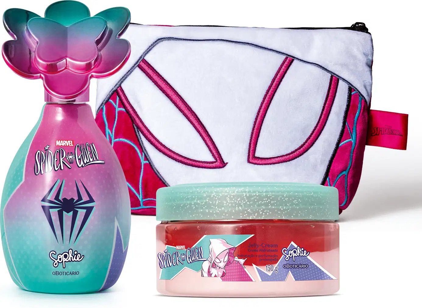 Kit da marca Sophie Marvel Spider-Gwen, incluindo frasco de colônia infantil nas cores rosa e azul, pote de creme em embalagem nas cores vermelha, rosa e azul e nécessaire com detalhes em vermelho, azul e branco, simulando uma máscara do Spider Gwen.
