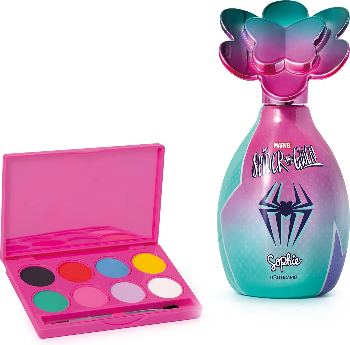 Kit da marca Sophie Marvel Spider-Gwen, incluindo frasco de colônia infantil nas cores rosa e azul com tampa em formato de flor e paleta de maquiagem colorida e caixa de presente preta do personagem.