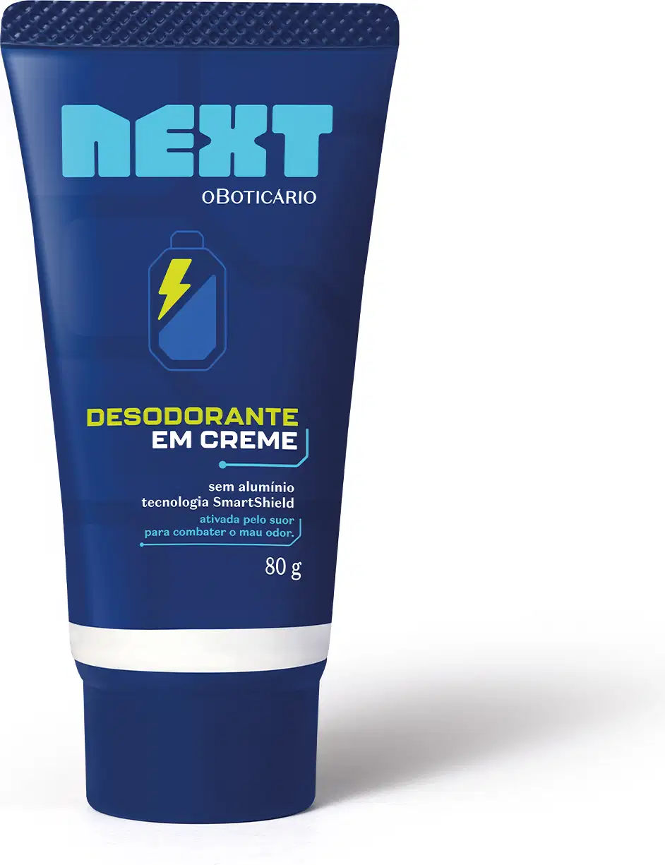 Bisnaga de desodorante em creme da marca Next na cor azul escuro e ilustração de bateria em azul claro com um raio amarelo dentro e informações sobre tecnologia SmartShield escritas no rótulo.