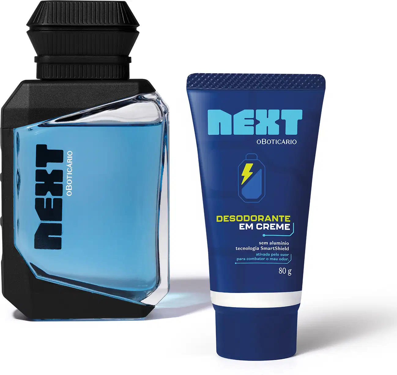 Frasco de item de perfumaria da marca Next com design geométrico em embalagem de vidro transparente com bordas pretas e líquido azul, acompanhado de bisnaga de desodorante em creme da mesma marca na cor azul escuro, com tecnologia SmartShield.