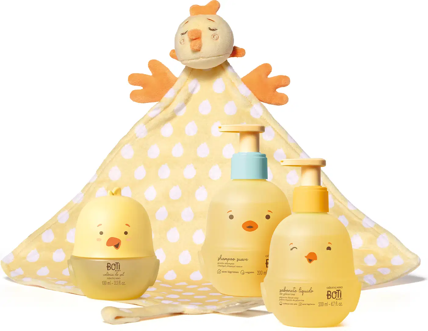 Combo de produtos de higiene infantil Boti Baby, sendo um frasco de shampoo, um de sabonete líquido e uma colônia infantil, todos com formato de pintinho amarelo. Acompanha naninha atoalhada amarela de bolinhas brancas e pelúcia de galinha na ponta.
