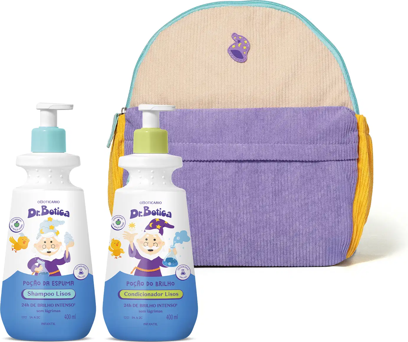 Mochila infantil nas cores roxo, amarelo e azul da marca Dr. Botica e um kit de shampoo e condicionador para cabelos lisos da mesma linha, em embalagens plásticas brancas com rótulos azuis com ilustração do Mago Dr. Botica.