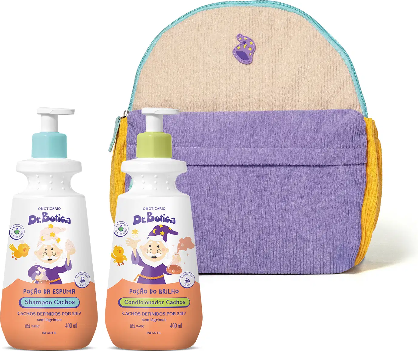 Mochila infantil nas cores roxo, amarelo e azul da marca Dr. Botica e um kit de shampoo e condicionador para cachos da mesma linha, em embalagens plásticas brancas com rótulos laranjas com ilustração do Mago Dr. Botica.
