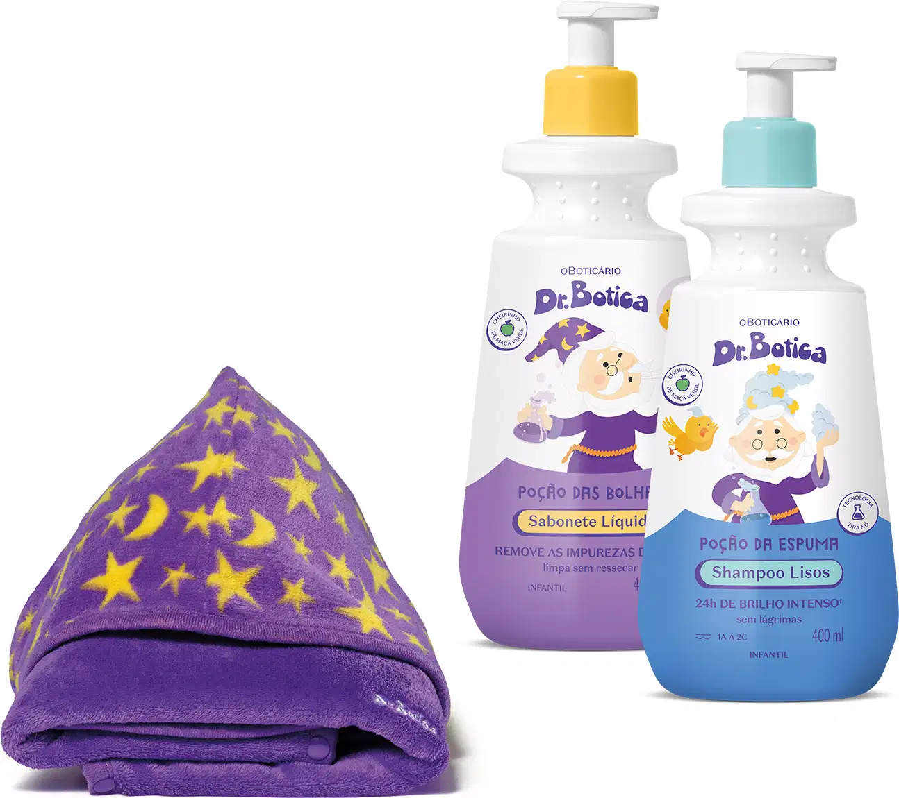 Dois frascos de produtos infantis da marca Dr. Botica, sendo um sabonete líquido e um shampoo para fios lisos em embalagens brancas com válvula pump e detalhes em azul no shampoo e roxo no sabonete e um roupão roxo com estrelas e luas amarelas dobrado.