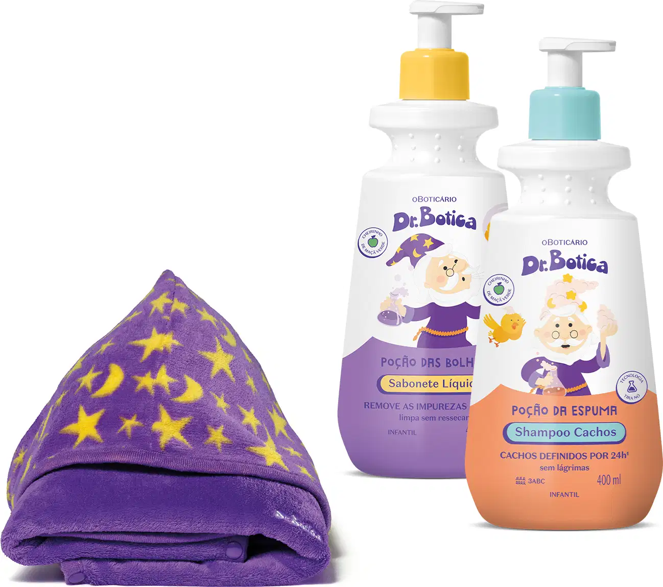 Dois frascos de produtos infantis da marca Dr. Botica, sendo um sabonete líquido e um shampoo para cachos em embalagens brancas com válvula pump e detalhes em laranja no shampoo e roxo no sabonete e um roupão roxo com estrelas e luas amarelas dobrado.