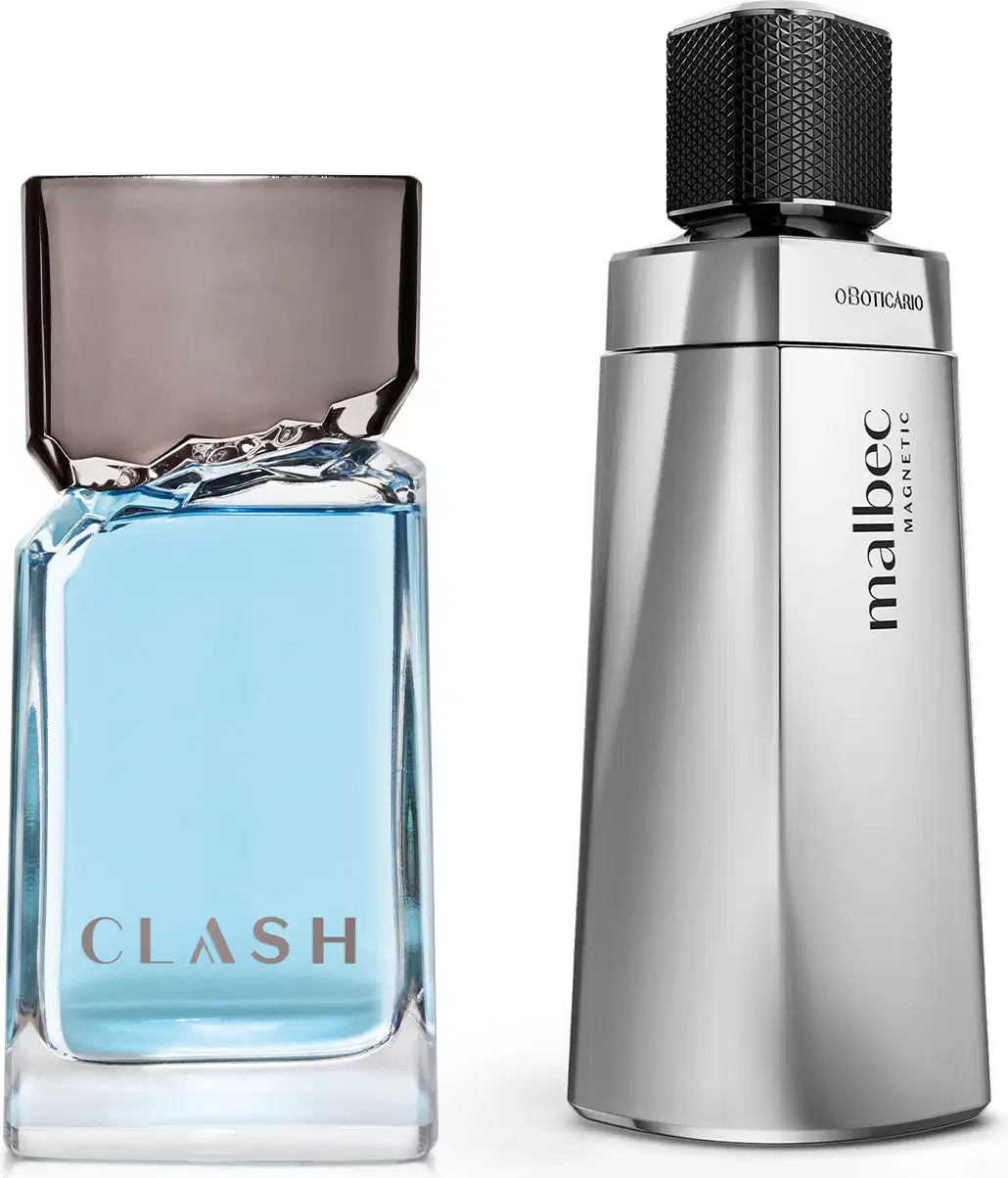 Dois frascos de perfumaria masculina, sendo um azul claro com formato retangular e tampa prateada da marca Clash, outro com frasco prateado com design triangular e tampa preta da marca Malbec Magnetic. 