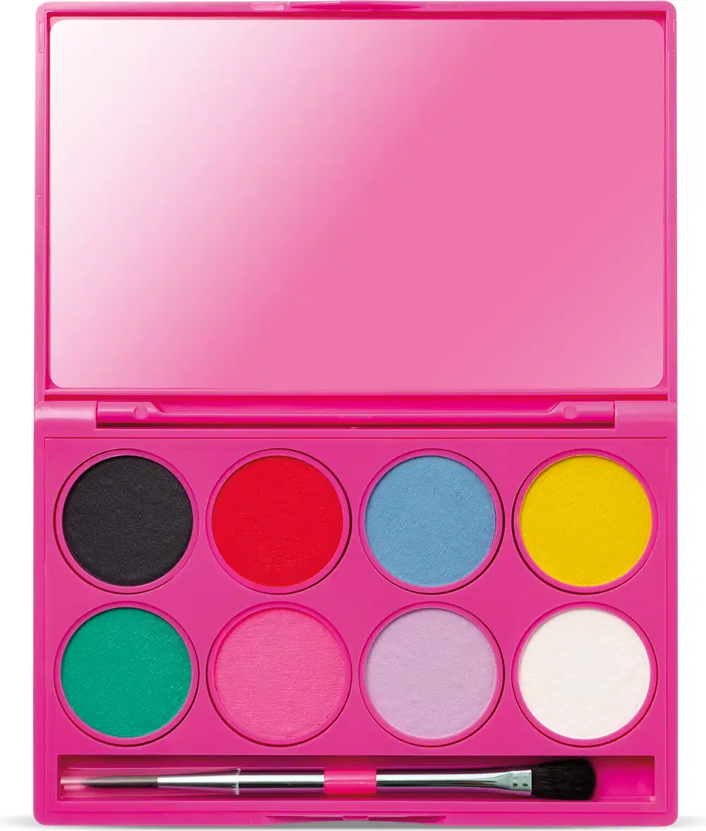 Paleta de maquiagem multifuncional com embalagem rosa e 8 tons vibrantes de maquiagem, espelho na tampa e pincel aplicador.