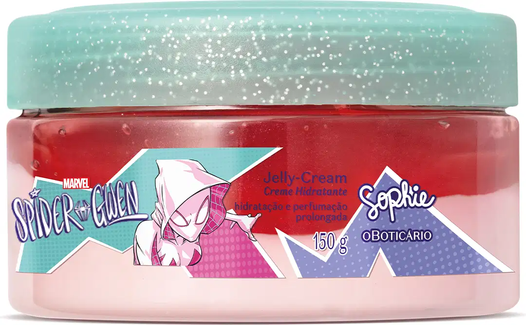 Pote de creme hidratante da linha Sophie Marvel Spider-Gwen da marca O Boticário, com tampa azul-turquesa com glitter e corpo vermelho, rosa e com detalhes da personagem Spider-Gwen em ilustração em estilo quadrinhos.