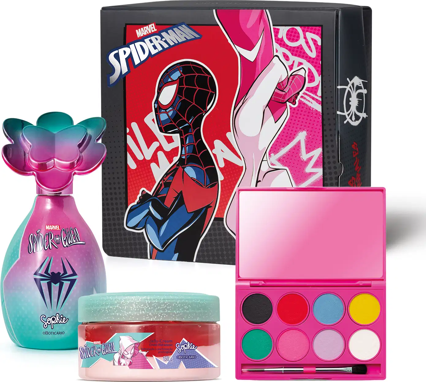 Kit da marca Marvel Spider-Man e Spider-Gwen, incluindo frasco de colônia infantil nas cores rosa e azul da linha Sophie, pote de creme em embalagem nas cores vermelha, rosa e azul e paleta de maquiagem colorida e caixa de presente preta do personagem.