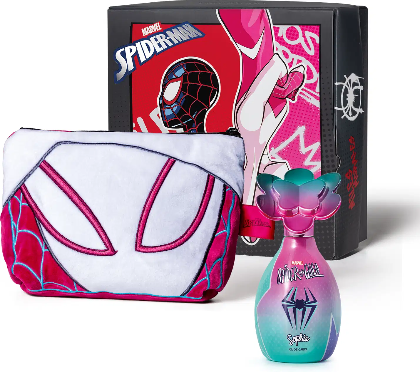 Kit da marca Marvel Spider-Man e Spider-Gwen, incluindo frasco de colônia infantil nas cores rosa e azul da linha Sophie, nécessaire com detalhes em vermelho, azul e branco, simulando uma máscara do Spider Gwen e caixa preta dos personagens da franquia.