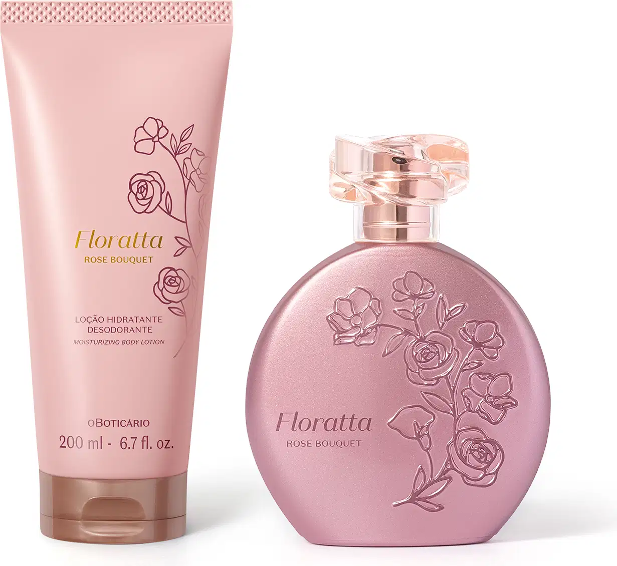 Conjunto de produtos Floratta Rose Bouquet, incluindo um frasco de perfume rosa com detalhes florais e uma embalagem de loção hidratante corporal rosa com rótulo e detalhes decorativos.