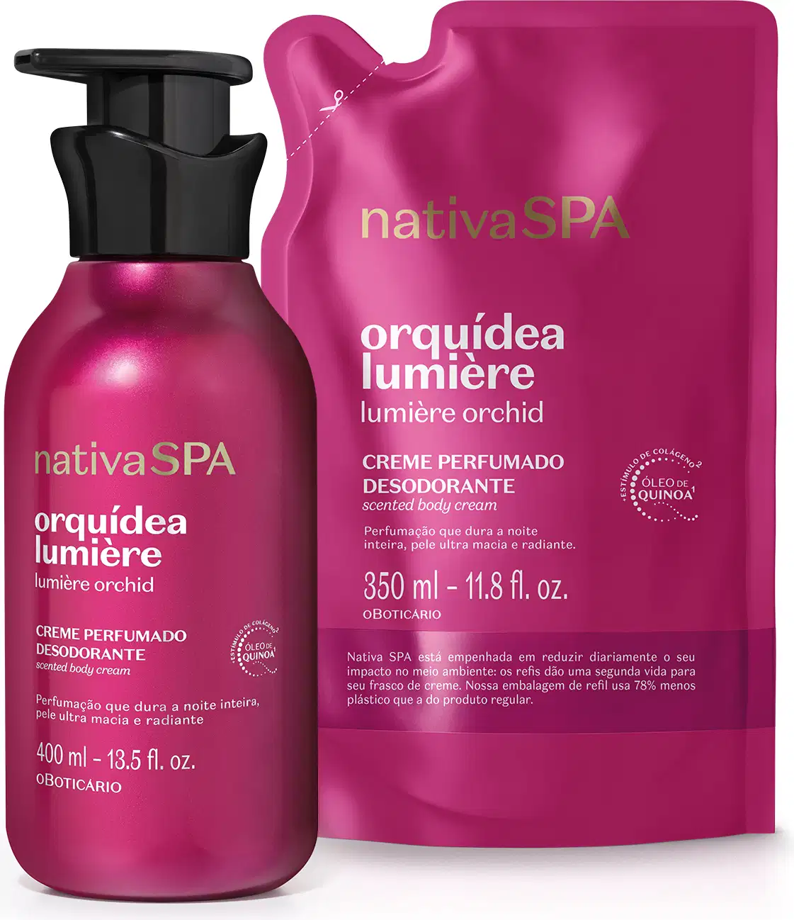 Creme perfumado desodorante Nativa SPA Orquídea Lumière em embalagem rosa com frasco de 400 ml e refil de 350 ml, destacando a fragrância de orquídea e o uso de óleo de quinoa na fórmula.