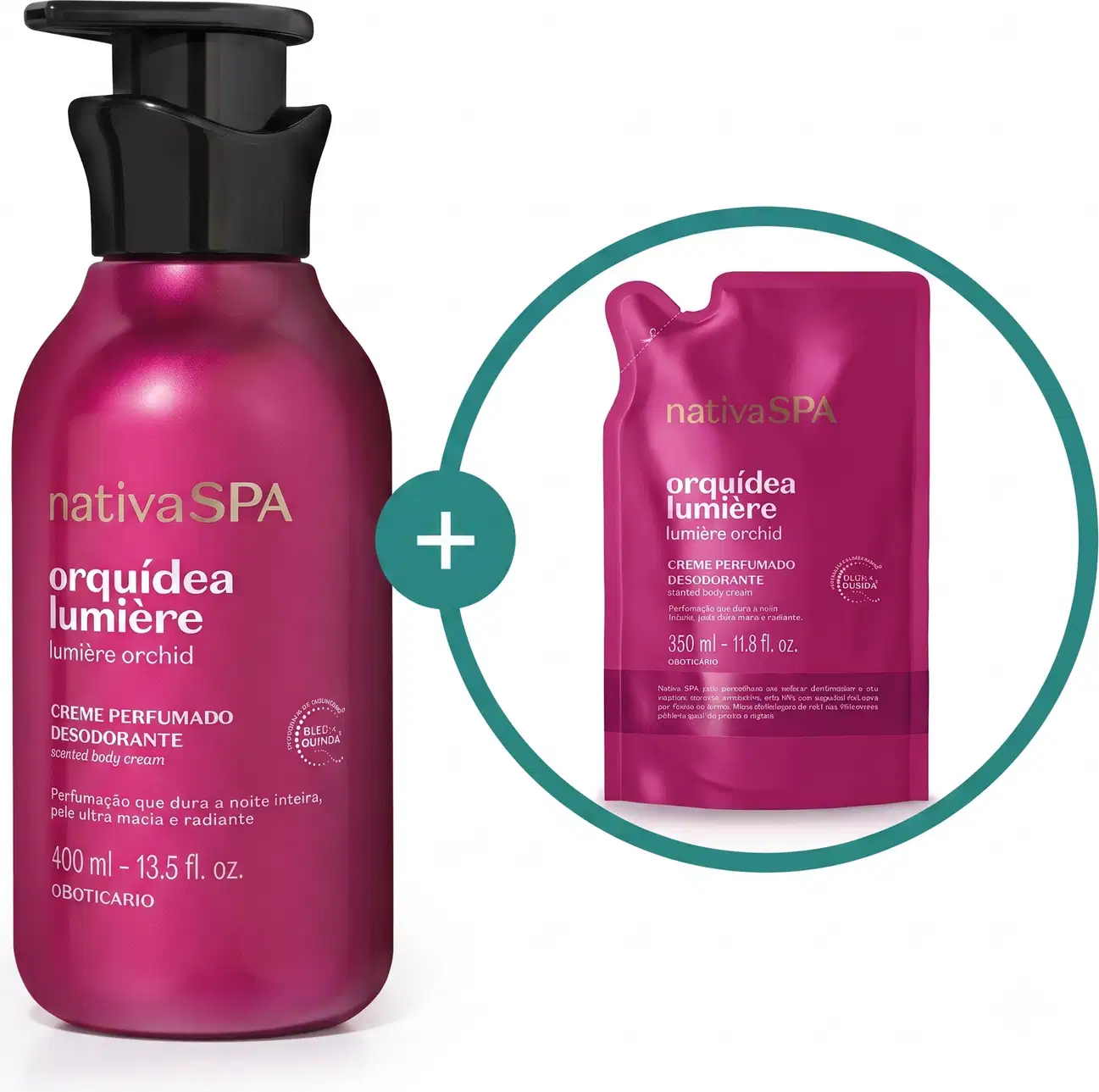 Dois itens de corpo e banho da marca Nativa SPA Orquídea Lumière, sendo um creme desodorante perfumado nas cores rosa e dourado com tampa preta e um sachê de plástico maleável pink contendo refil do mesmo produto dentro de um círculo verde.