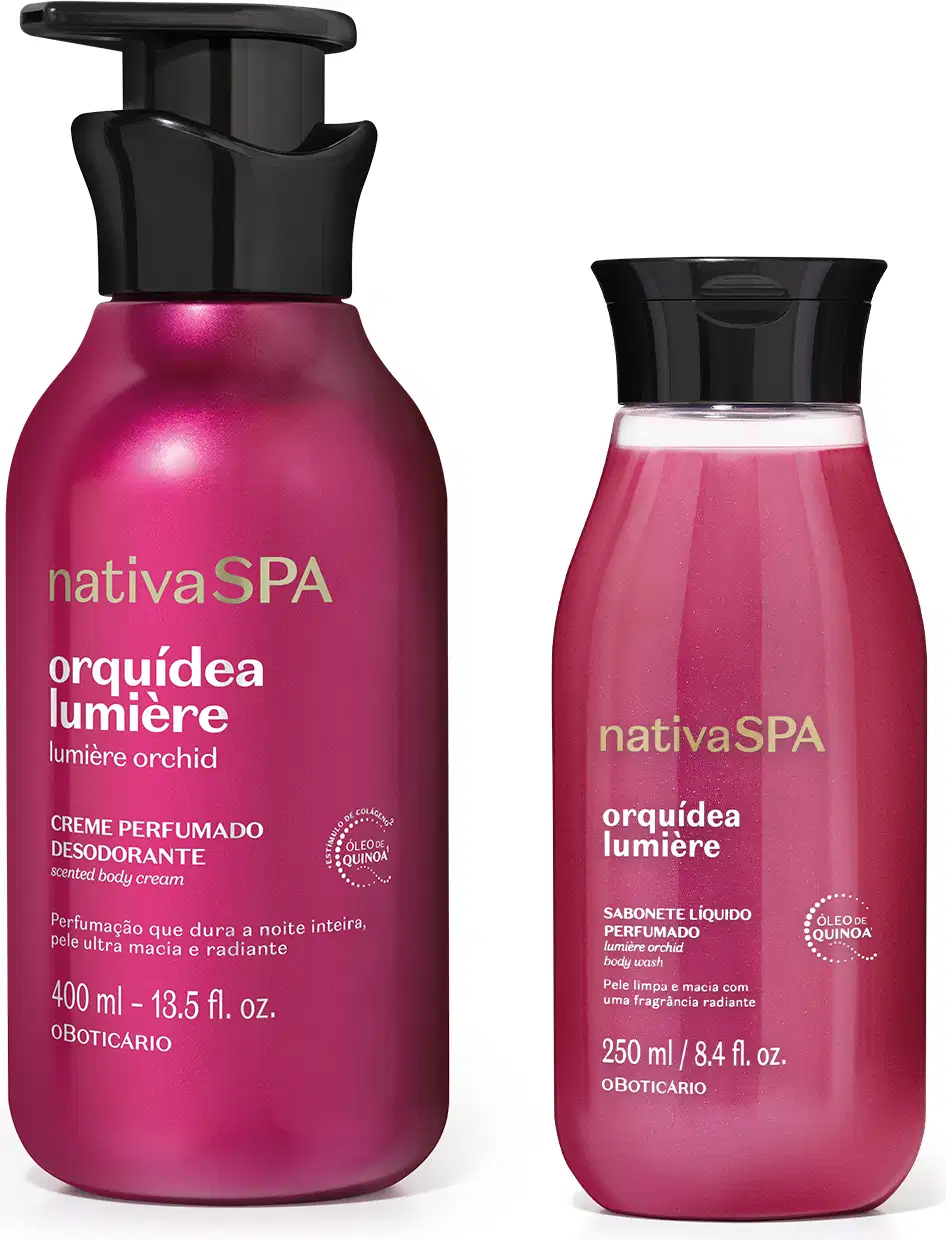 Dois itens de corpo e banho da marca Nativa SPA Orquídea Lumière, sendo um creme desodorante perfumado nas cores rosa e dourado com tampa preta e um frasco de sabonete líquido perfumado, na cor rosa com tampa preta.