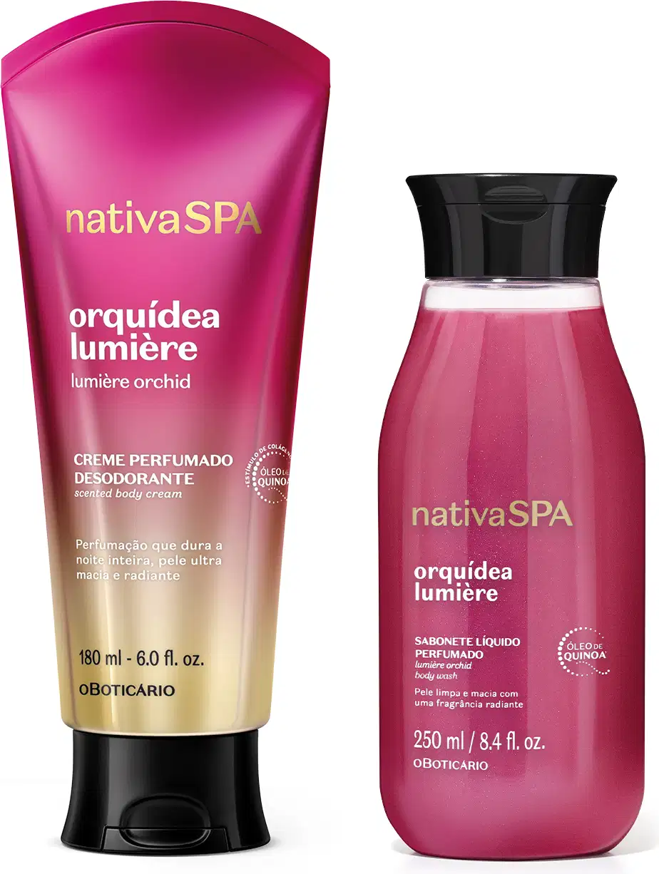 Dois itens de corpo e banho da marca Nativa SPA Orquídea Lumière, sendo um creme desodorante perfumado nas cores rosa e dourado com tampa preta e um frasco de sabonete líquido perfumado, na cor rosa com tampa preta.
