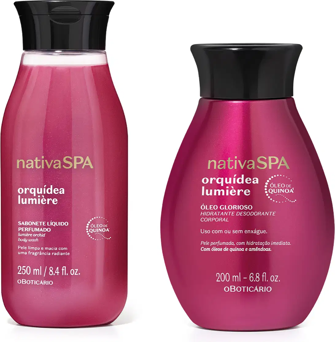 Dois itens de corpo e banho da marca Nativa SPA Orquídea Lumière, sendo um frasco de sabonete líquido perfumado na cor pink e tampa preta e um frasco de óleo glorioso da mesma linha, na mesma cor.
