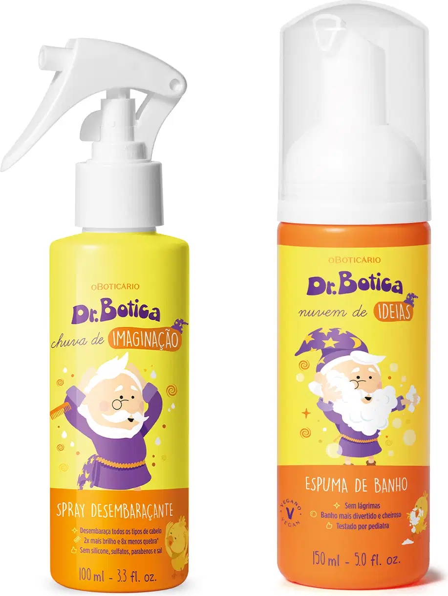 Dois frascos de produtos de corpo e banho da marca Dr. Botica: um spray desembaraçante com válvula spray branca e uma espuma de banho, ambos bicolor de laranja e amarelo comum personagem ilustrado de um mago vestindo roxo com cabelo e barba brancos.