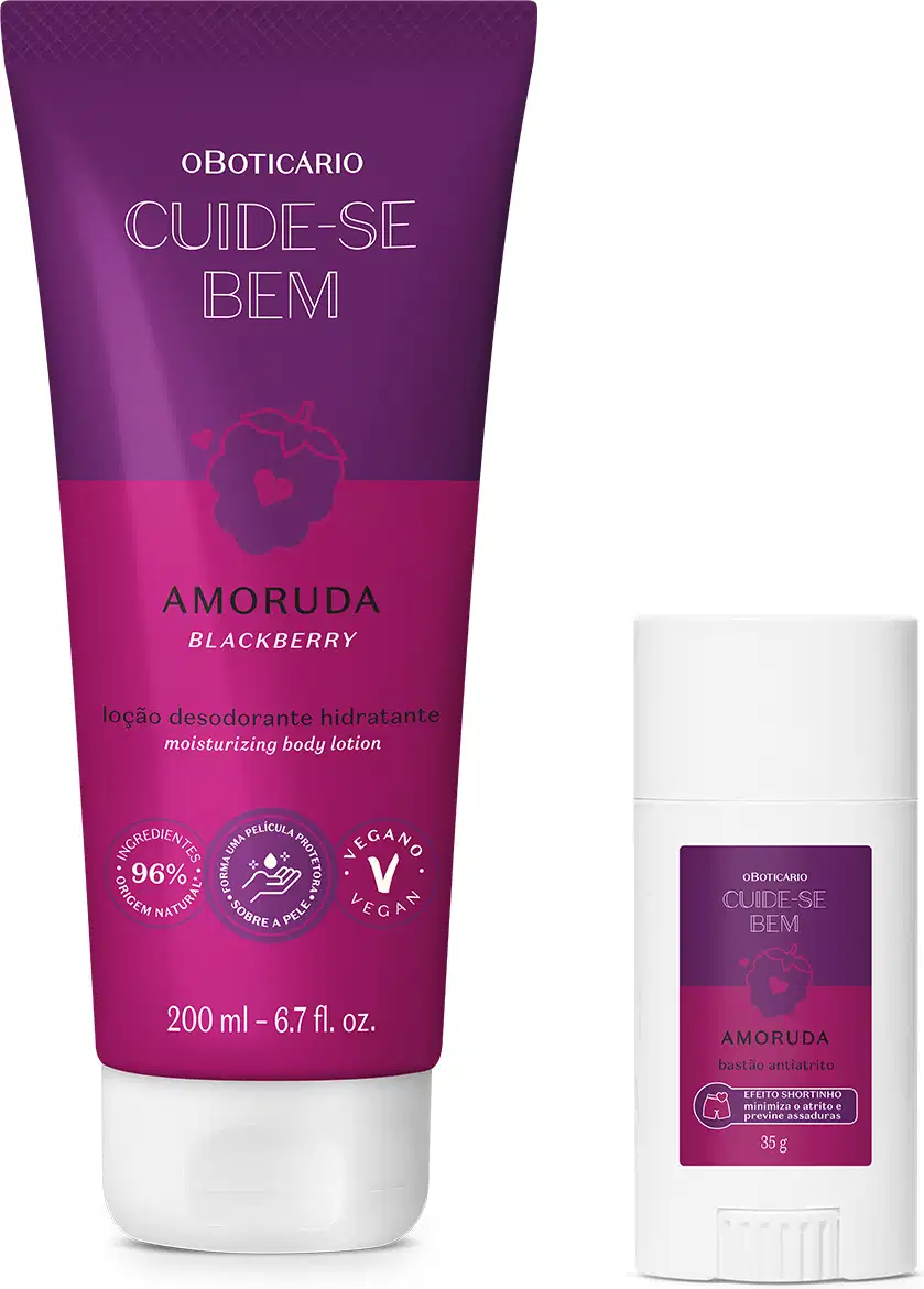 Dois itens de Corpo e banho da marca Cuide-se bem Amoruda, sendo uma bisnaga nas cores pink e roxa de hidratante desodorante  com tampa branca e uma embalagem branca com rótulo roxo de bastão antiatrito.