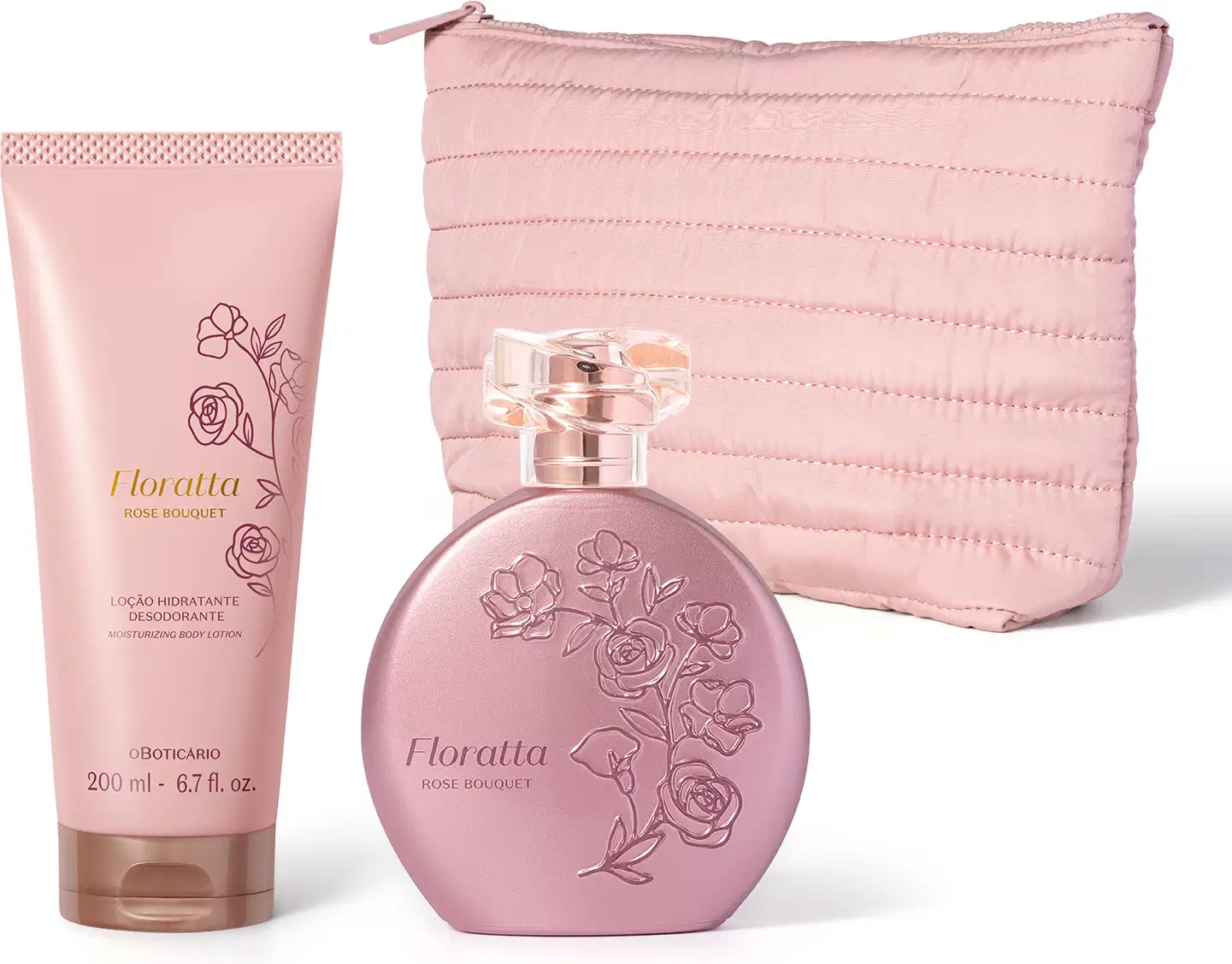 Itens de perfumaria Floratta Rose Bouquet, incluindo frasco desodorante colônia arredondado rosa elementos florais em alto relevo e bisnaga de loção hidratante desodorante rosa clara com tampa dourada. Acompanha um nécessaire acolchoado rosa claro.