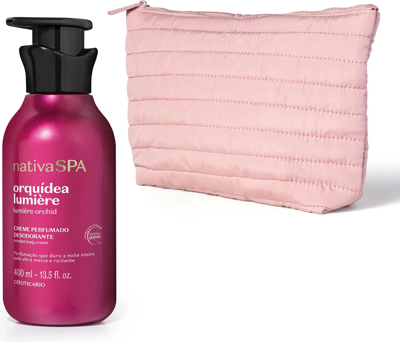 Frasco pink com tampa dosadora pump preta de creme desodorante perfumado da marca Nativa SPA Orquídea Lumiere, com nécessaires acolchoado rosa claro ao lado.