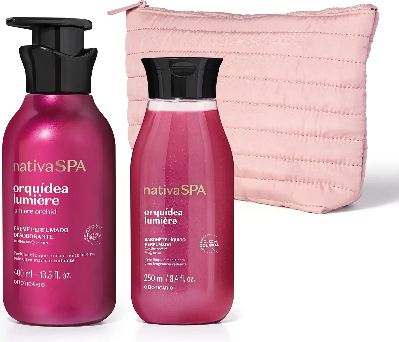 Dois itens de perfumaria da marca Nativa SPA Orquídea Lumiere: um creme desodorante corporal pink em frasco com bomba pump preta e um sabonete líquido perfumado em frasco pink com tampa preta, acompanhados de um necessaire rosa clara acolchoada.