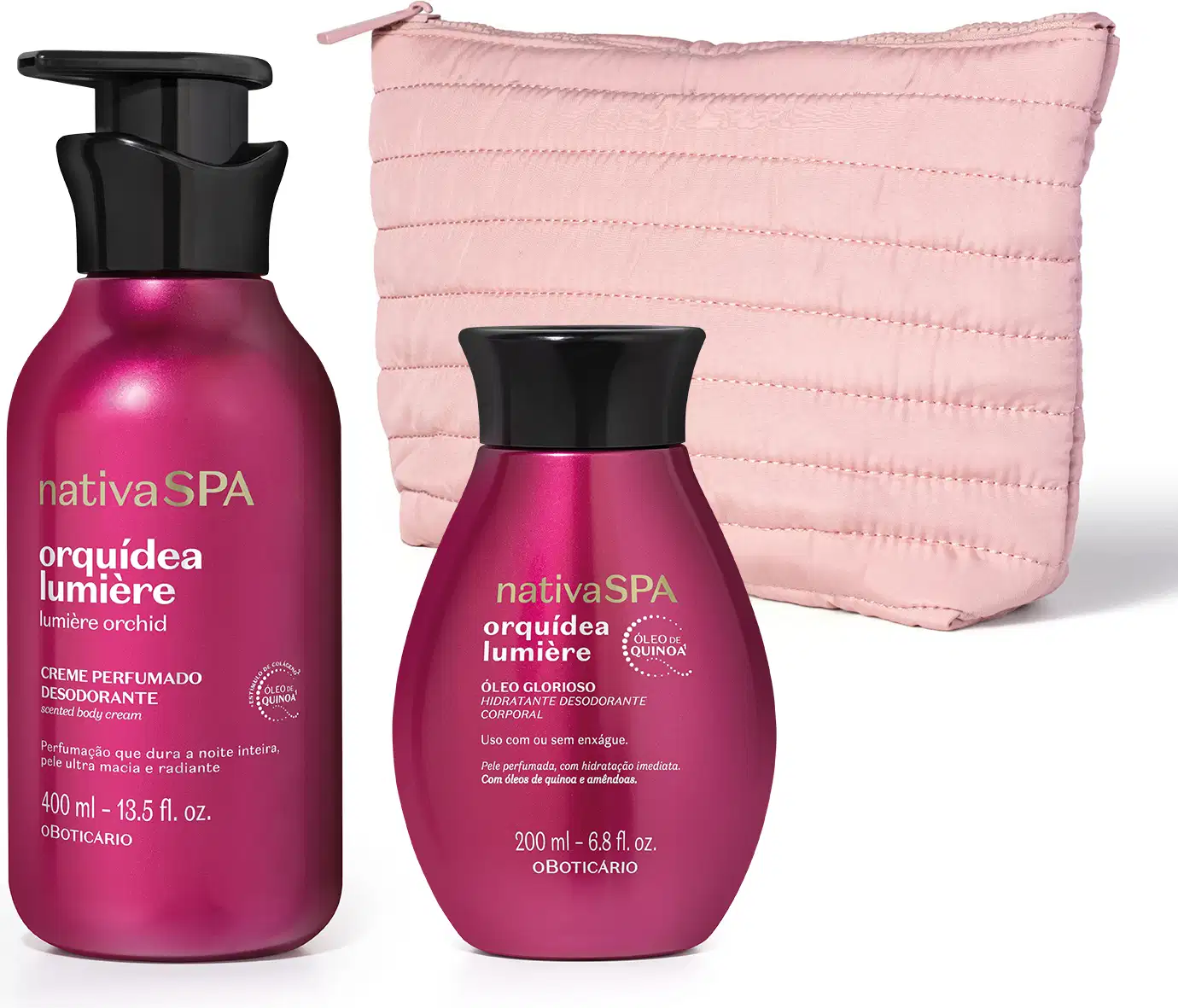 Dois itens de corpo e banho da marca Nativa SPA Orquídea Lumiere: um creme desodorante pink em frasco com bomba pump preta e um óleo corporal rosa em frasco pink com tampa preta, acompanhados de um nécessaire rosa clara acolchoada.