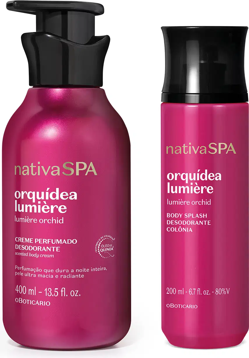 Imagem de dois produtos Nativa SPA Orquídea Lumière, sendo um creme perfumado desodorante de 400ml e um body splash de 200ml. As duas embalagens são rosa-claro com tampa preta e letras amarelo-claro.