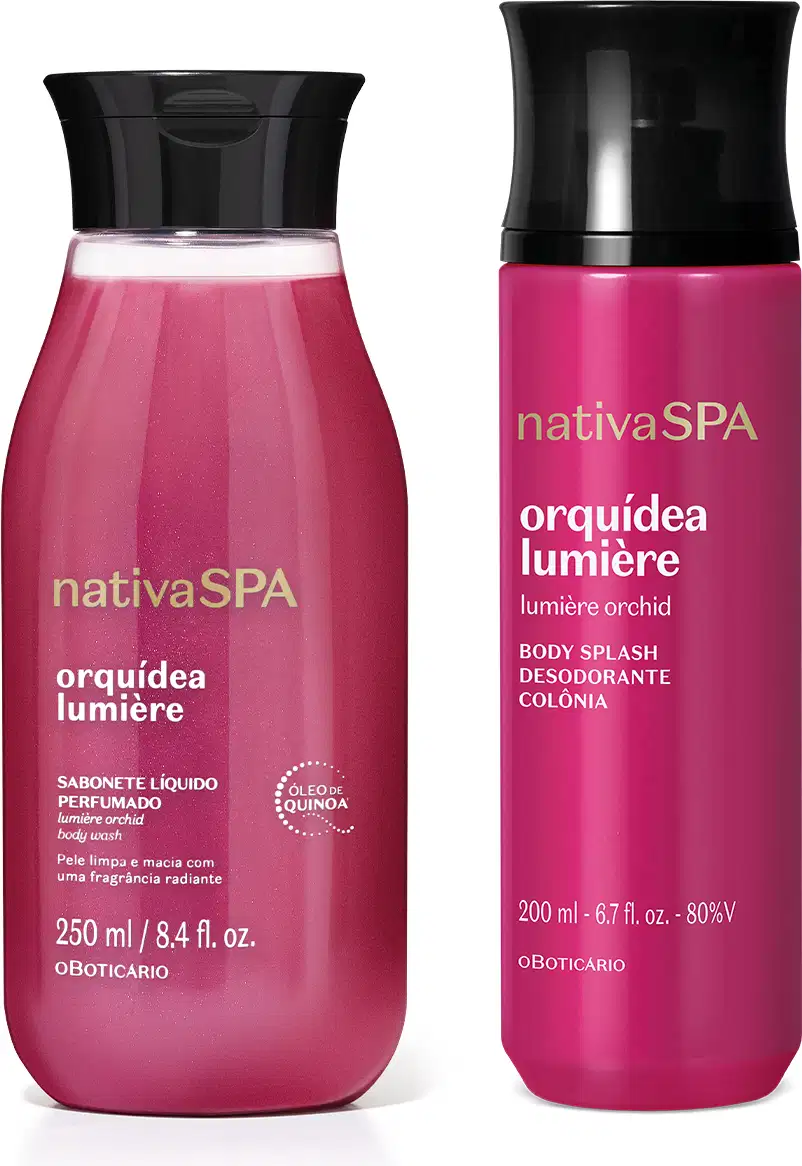 Imagem do Combo Nativa SPA Orquídea Lumière com um frasco cilíndrico rosa-escuro de body splash de 200ml e um sabonete líquido de 250ml em embalagem transparente com líquido rosa-claro. As duas tampas são pretas.